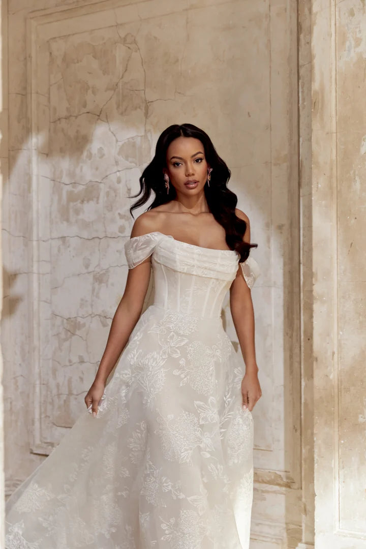 Elegant Off The Shoulder Sweetheart Neck Corset Bodice Floral Embroidered A Line Wedding Dress