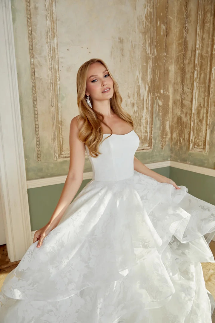 Elegant Off The Shoulder Sweetheart Neck Floral Jacquard Tiered Ruffle Ball Gown Wedding Dress