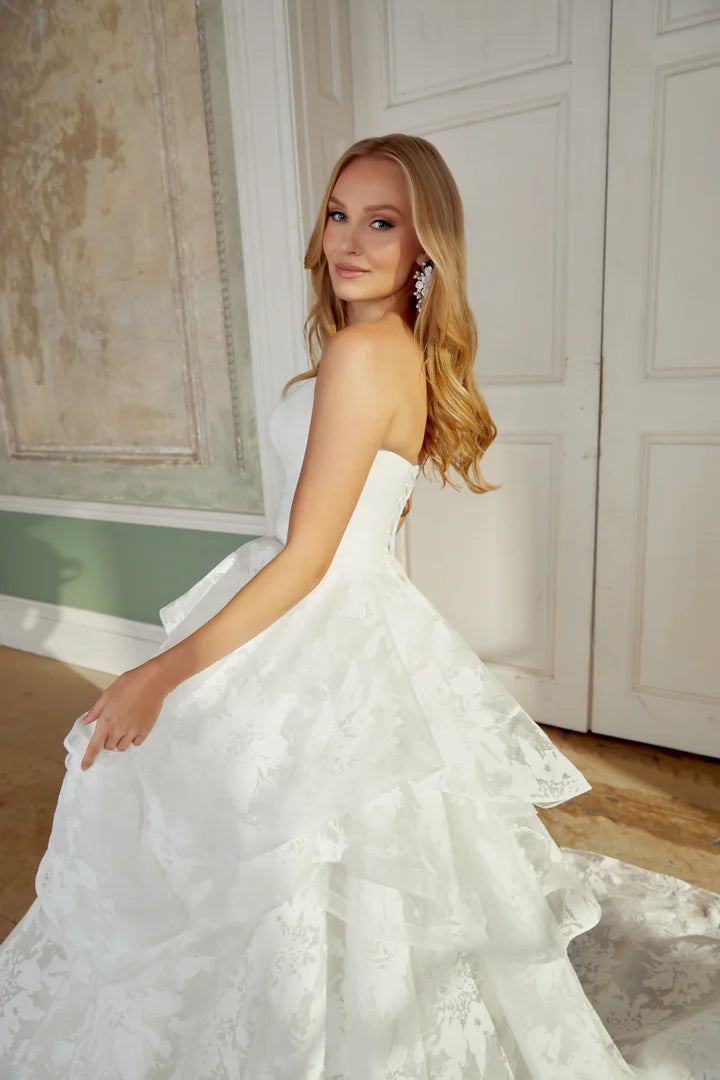 Elegant Off The Shoulder Sweetheart Neck Floral Jacquard Tiered Ruffle Ball Gown Wedding Dress
