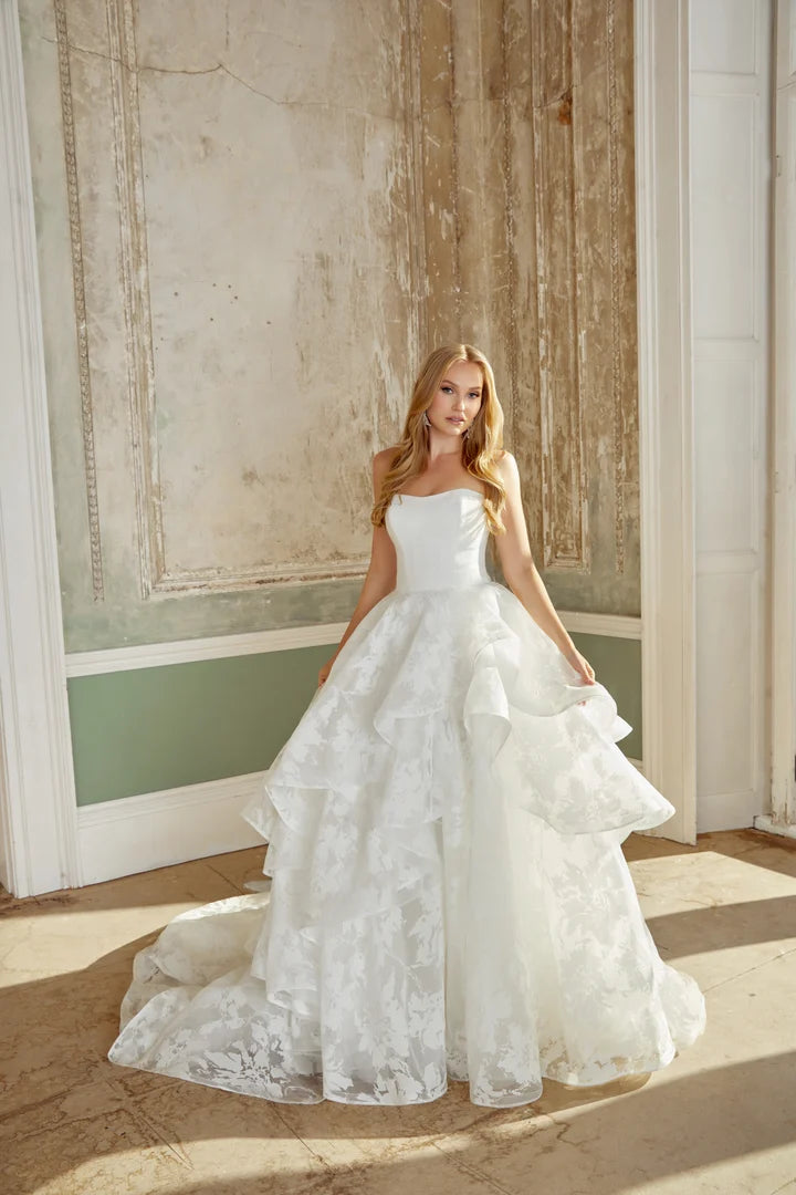 Elegant Off The Shoulder Sweetheart Neck Floral Jacquard Tiered Ruffle Ball Gown Wedding Dress