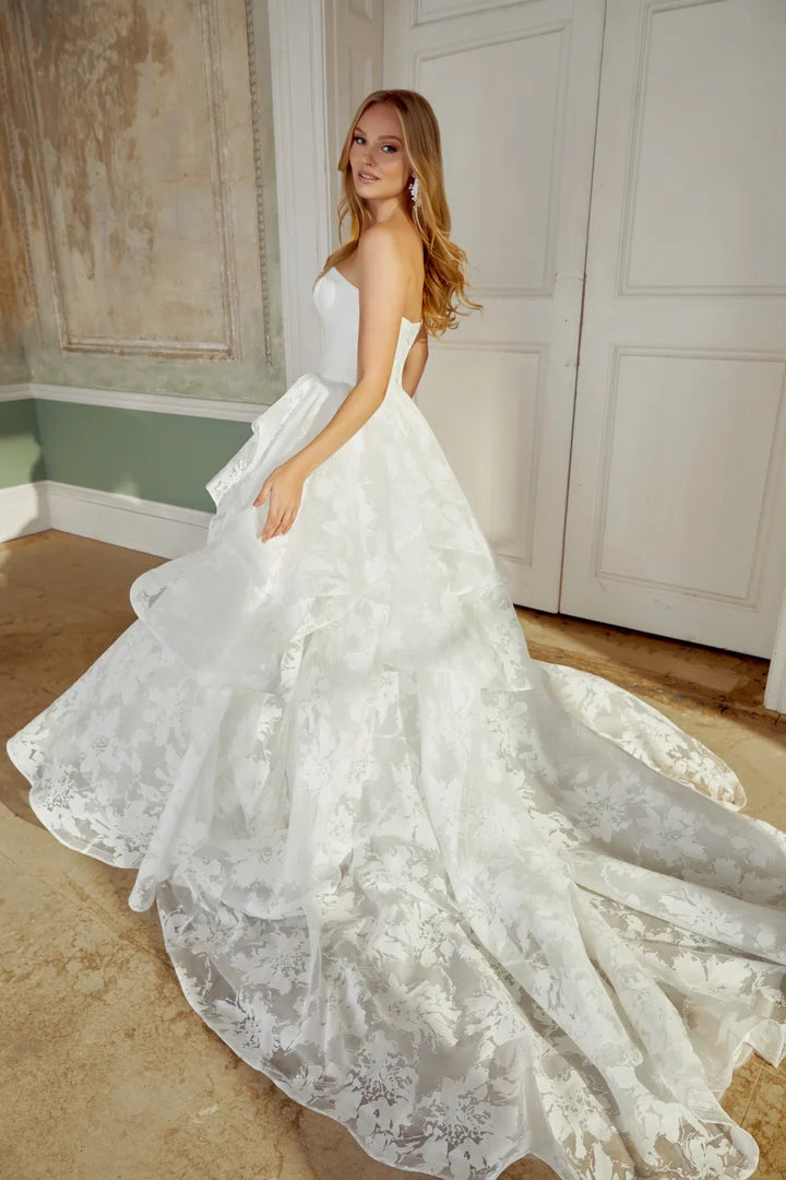Elegant Off The Shoulder Sweetheart Neck Floral Jacquard Tiered Ruffle Ball Gown Wedding Dress