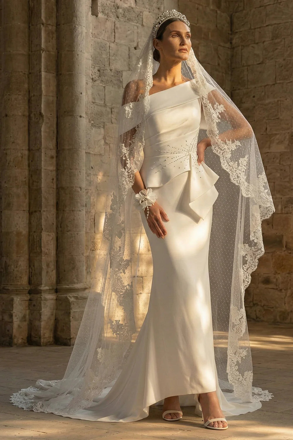 Elegant One Shoulder Asymmetrical Ruffle Peplum Beaded Satin Mermaid Wedding Dress