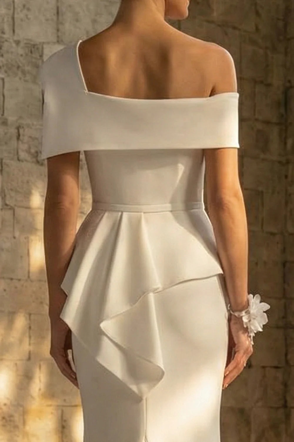 Elegant One Shoulder Asymmetrical Ruffle Peplum Beaded Satin Mermaid Wedding Dress