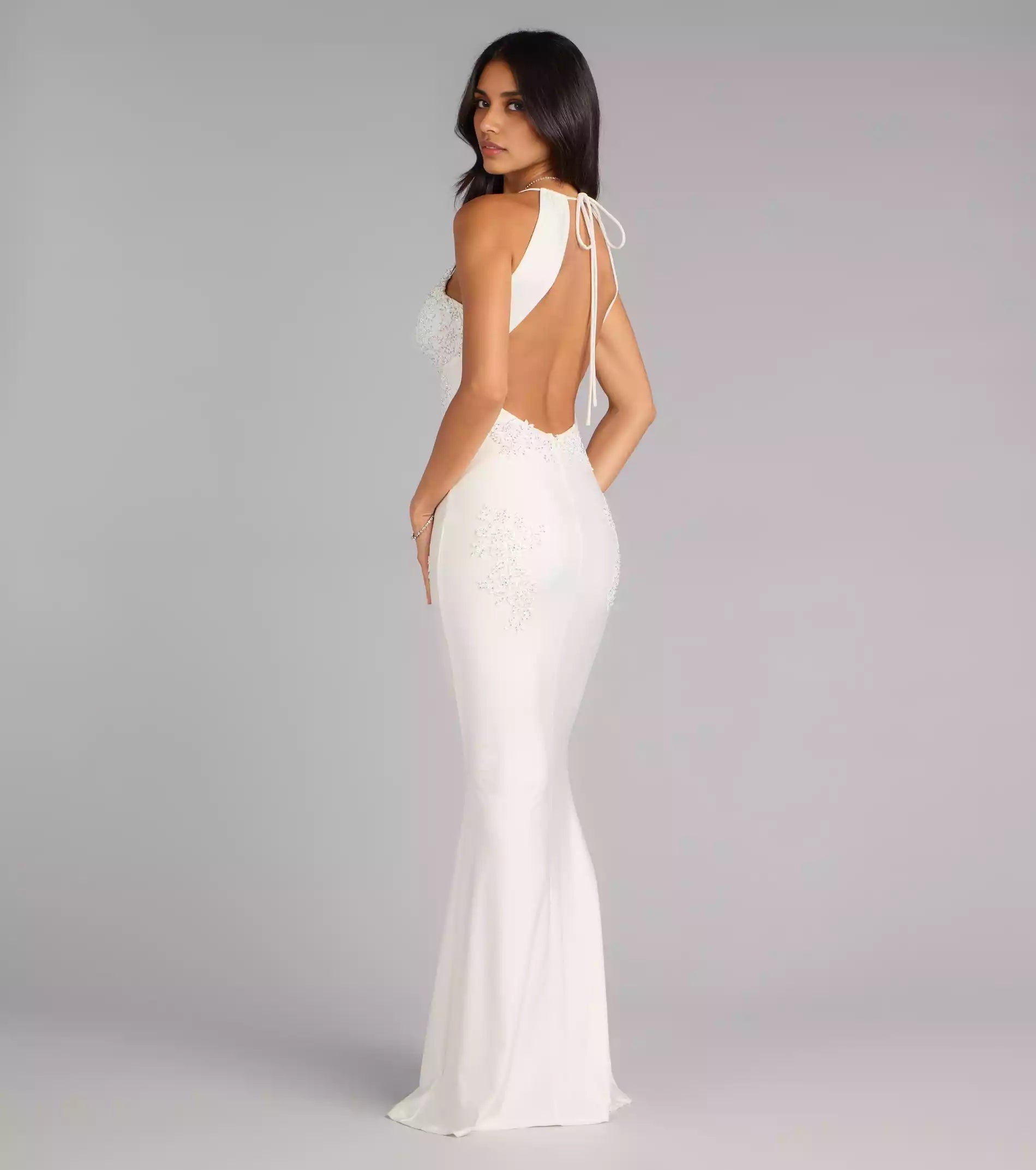 Elegant Smooth Knitted Deep V-Back Lace Beaded Stickers Adjustable Strap Mermaid and Ground Prom Dresses