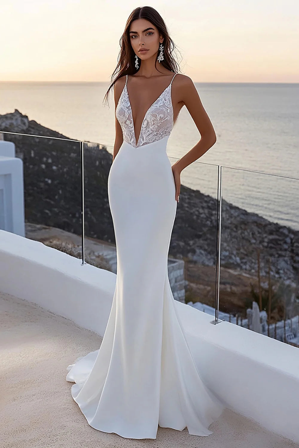 Elegant Spaghetti Strap Deep V Neck Lace Bodice Open Back Mermaid Crepe Wedding Dress
