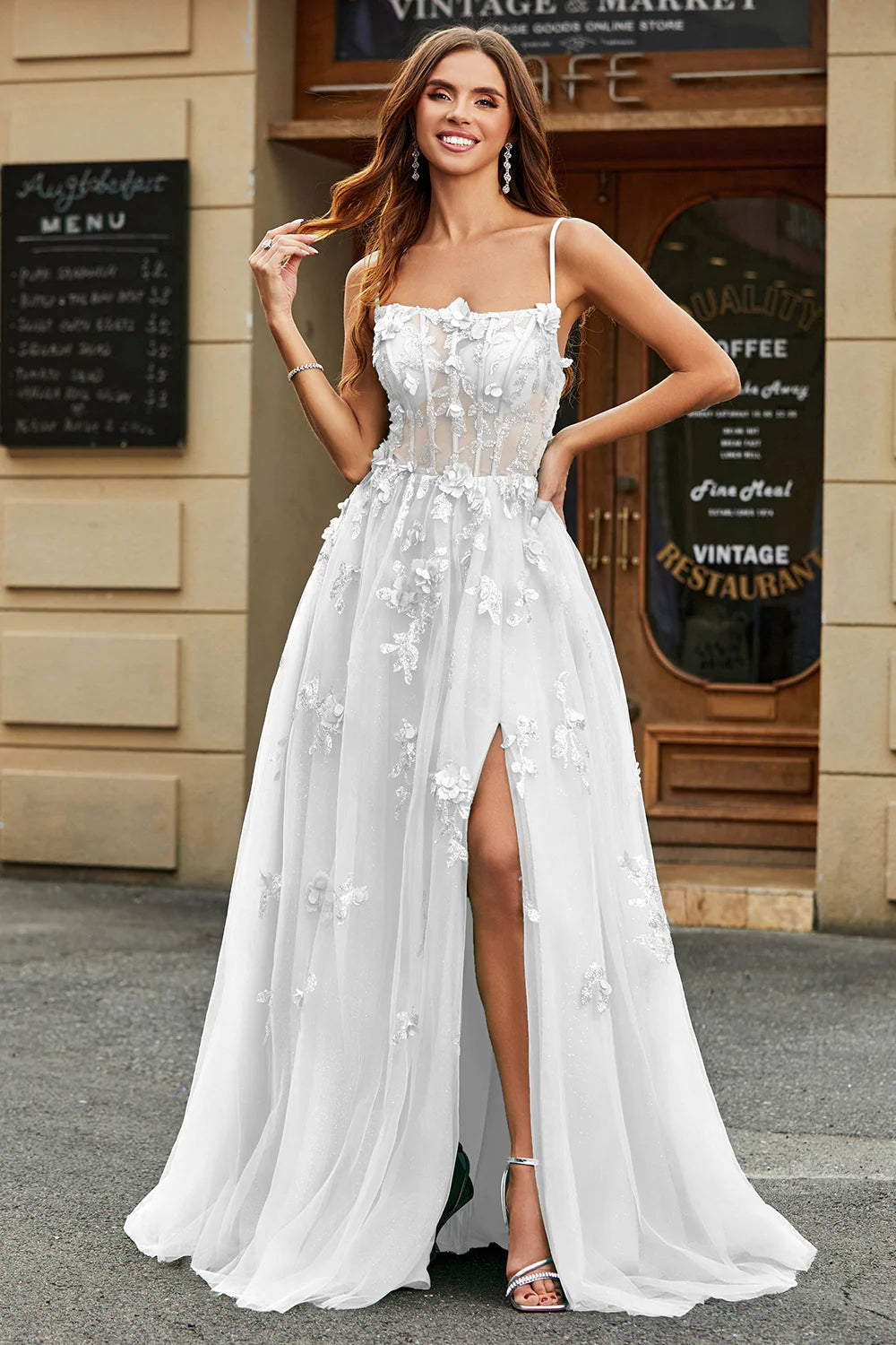 Elegant Spaghetti Strap Square Neck 3D Floral Applique Lace Up Back High Slit Tulle Wedding Dress