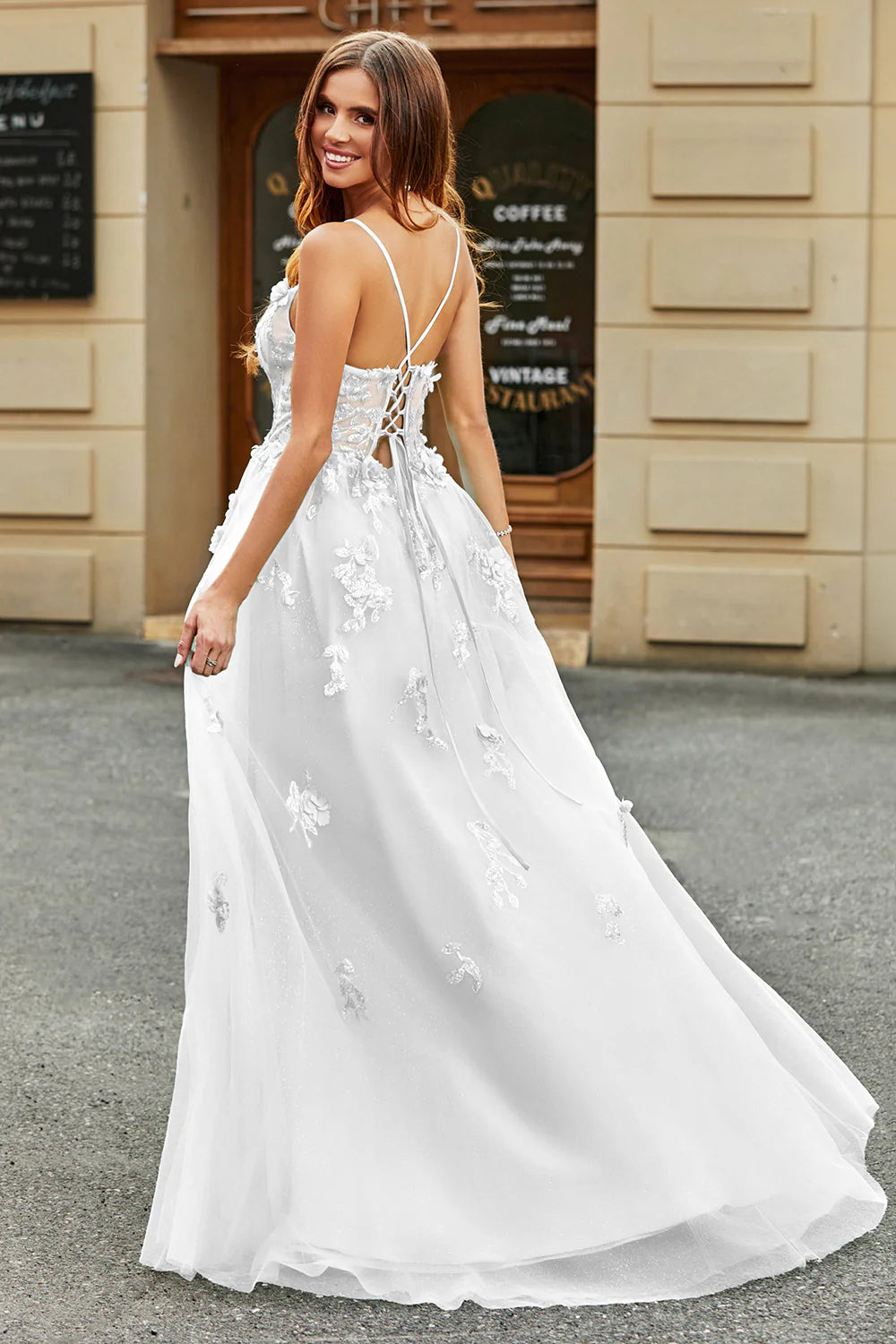Elegant Spaghetti Strap Square Neck 3D Floral Applique Lace Up Back High Slit Tulle Wedding Dress