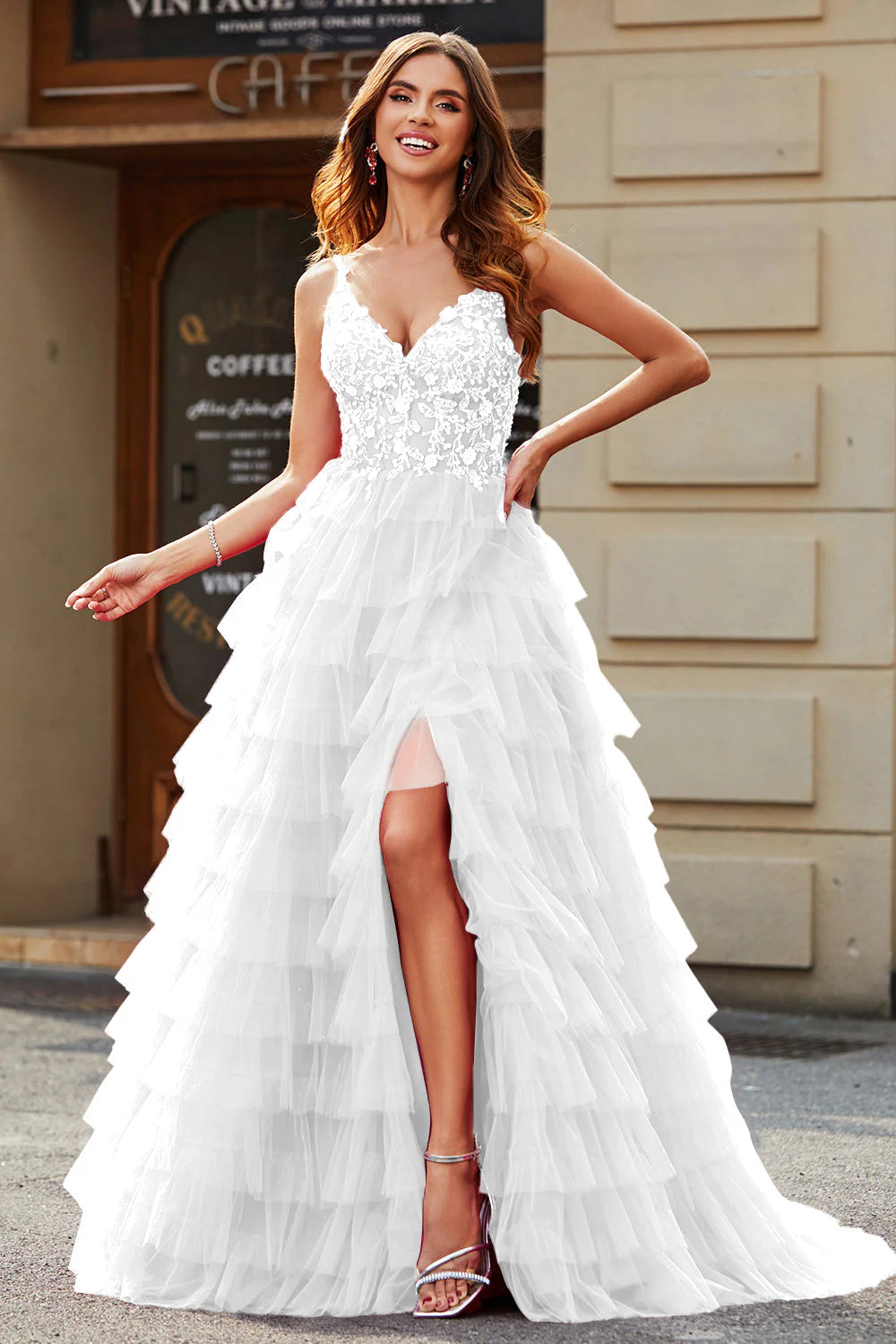 Elegant Spaghetti Strap V Neck Lace Applique Tiered Ruffle High Slit Tulle Wedding Dress