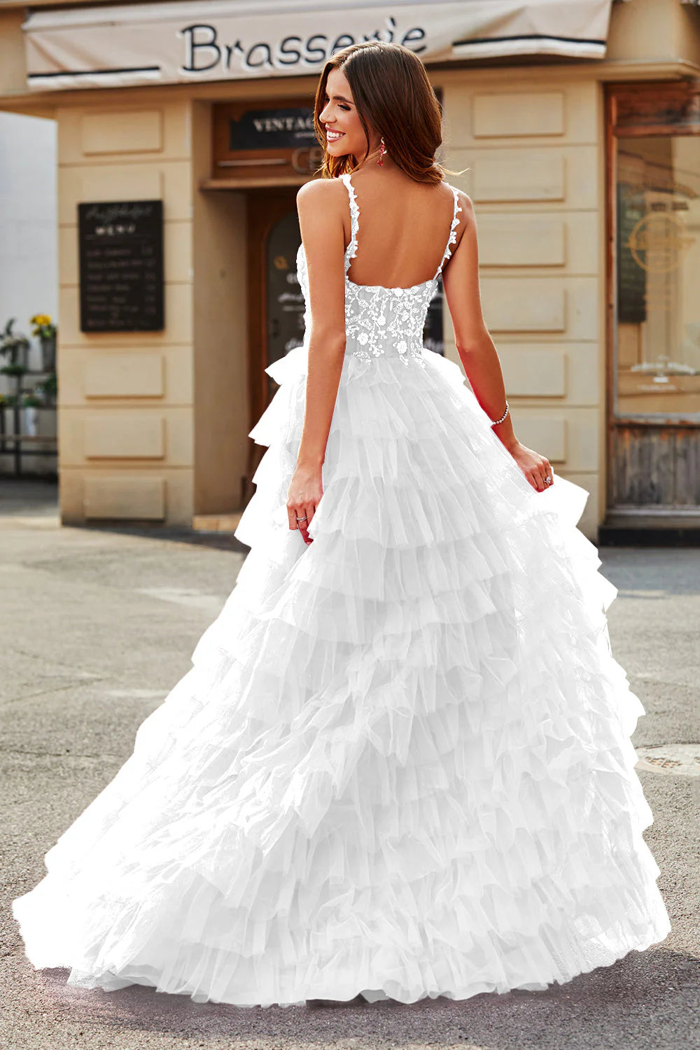 Elegant Spaghetti Strap V Neck Lace Applique Tiered Ruffle High Slit Tulle Wedding Dress