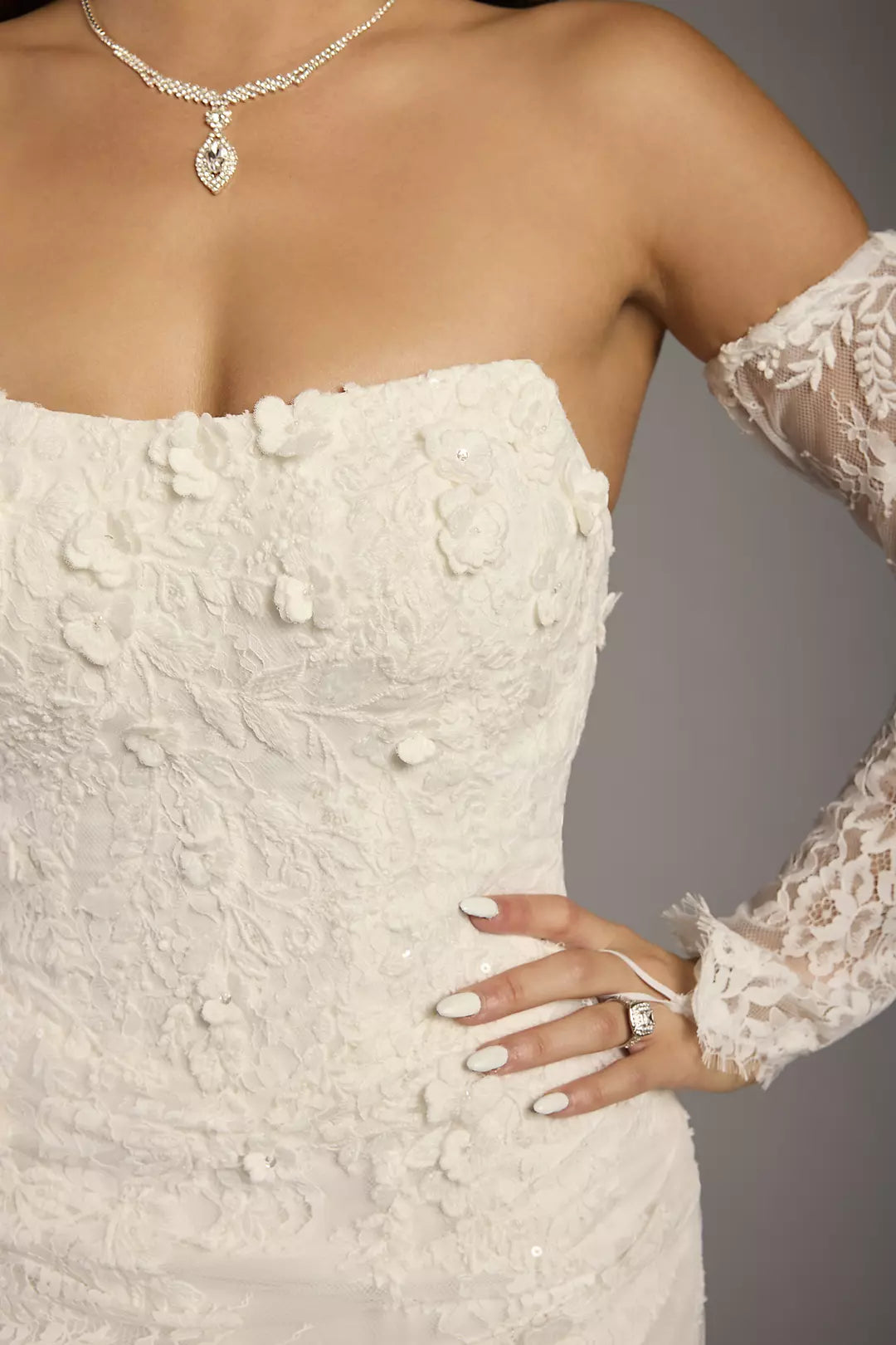 Elegant Strapless Lace Appliqué Mermaid Wedding Dress with Detachable Long Lace Sleeves and Chapel Train