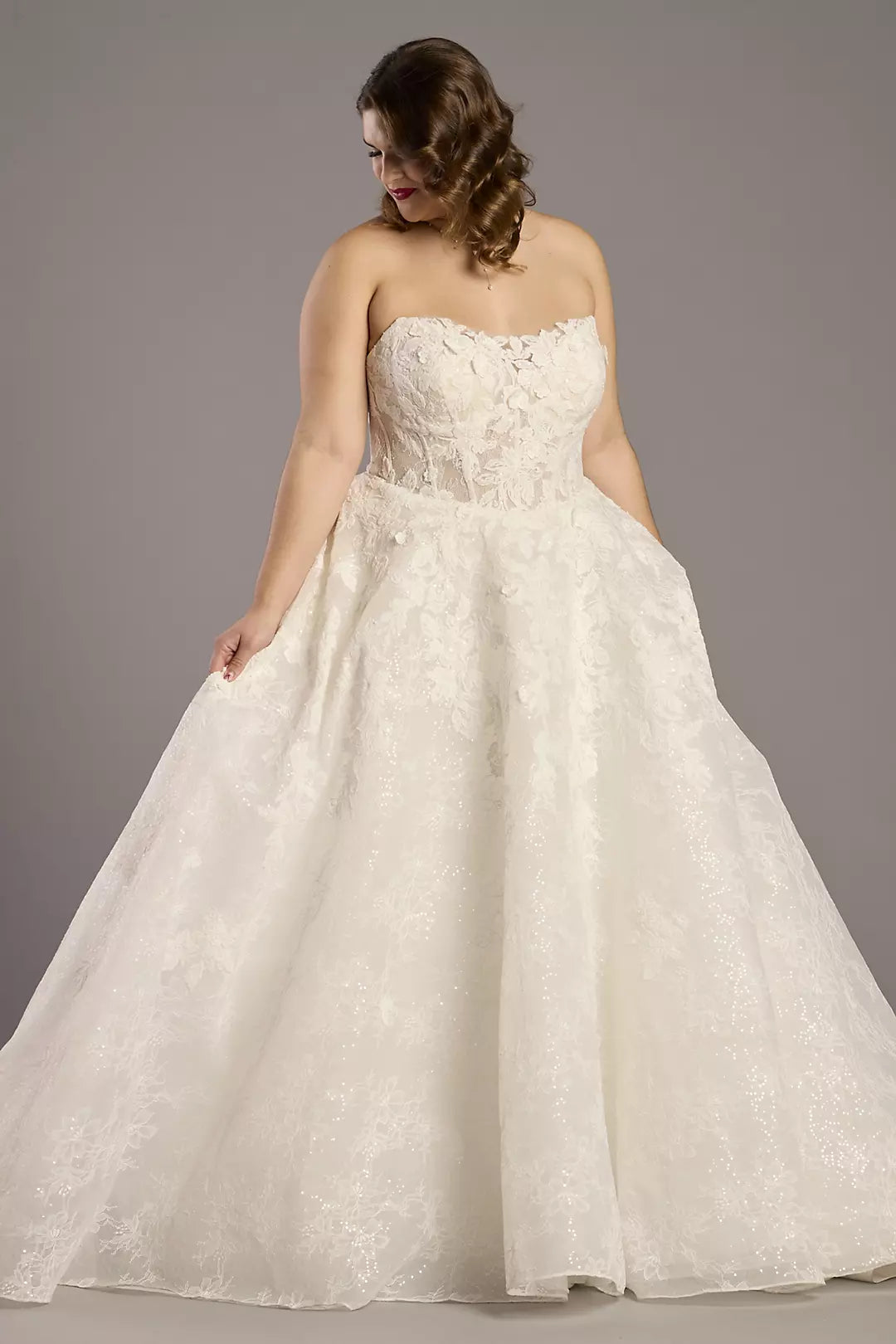 Elegant Strapless Lace Ball Gown Wedding Dress with Detachable Mesh Gloves and Sparkle Tulle Chapel Train