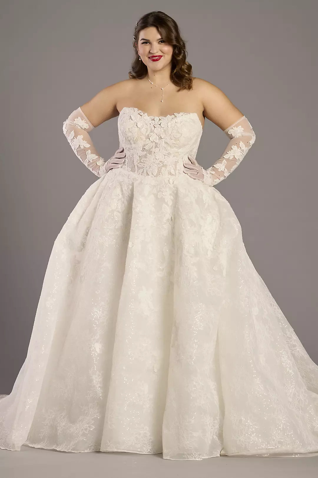 Elegant Strapless Lace Ball Gown Wedding Dress with Detachable Mesh Gloves and Sparkle Tulle Chapel Train