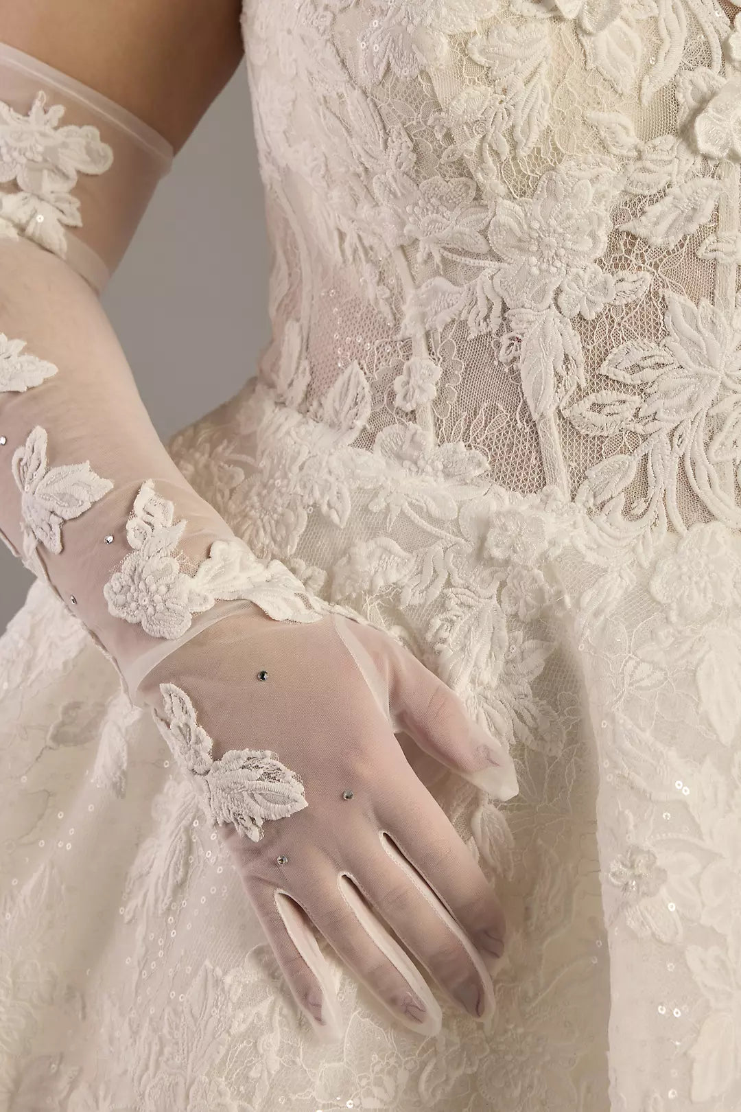 Elegant Strapless Lace Ball Gown Wedding Dress with Detachable Mesh Gloves and Sparkle Tulle Chapel Train