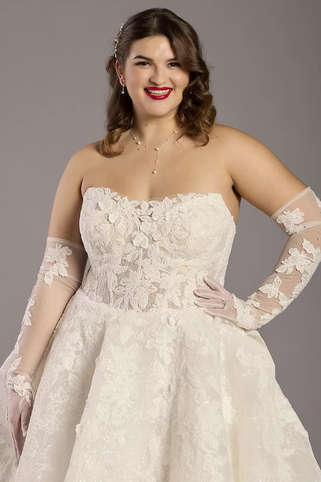 Elegant Strapless Lace Ball Gown Wedding Dress with Detachable Mesh Gloves and Sparkle Tulle Chapel Train