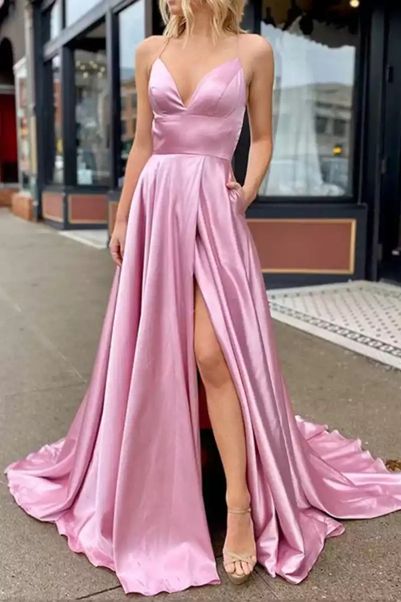 Elegant V-neck satin backless A-line slit with sleeveless lace up back Prom Dresses