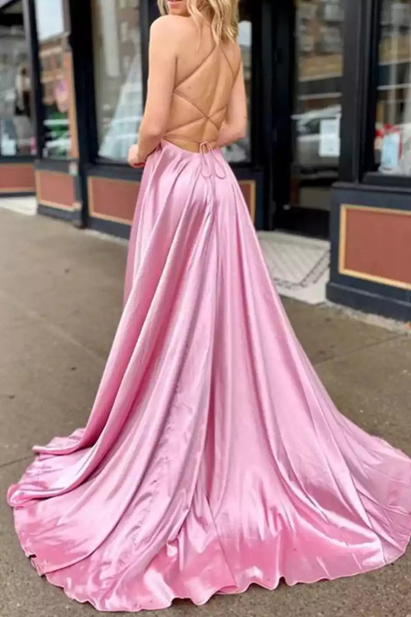 Elegant V-neck satin backless A-line slit with sleeveless lace up back Prom Dresses