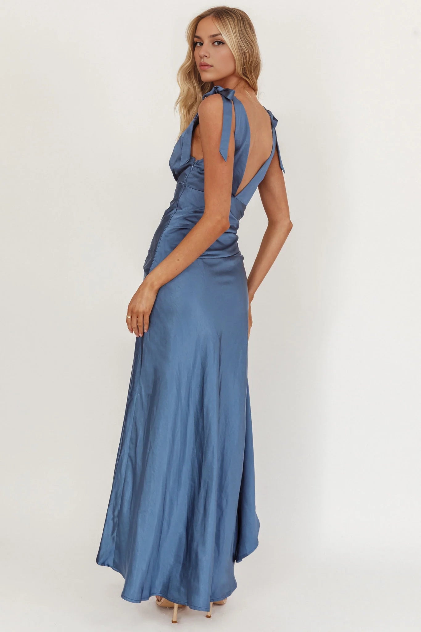 Elegant V-neck slim fit shoulder tied high and low hem bridesmaid dress