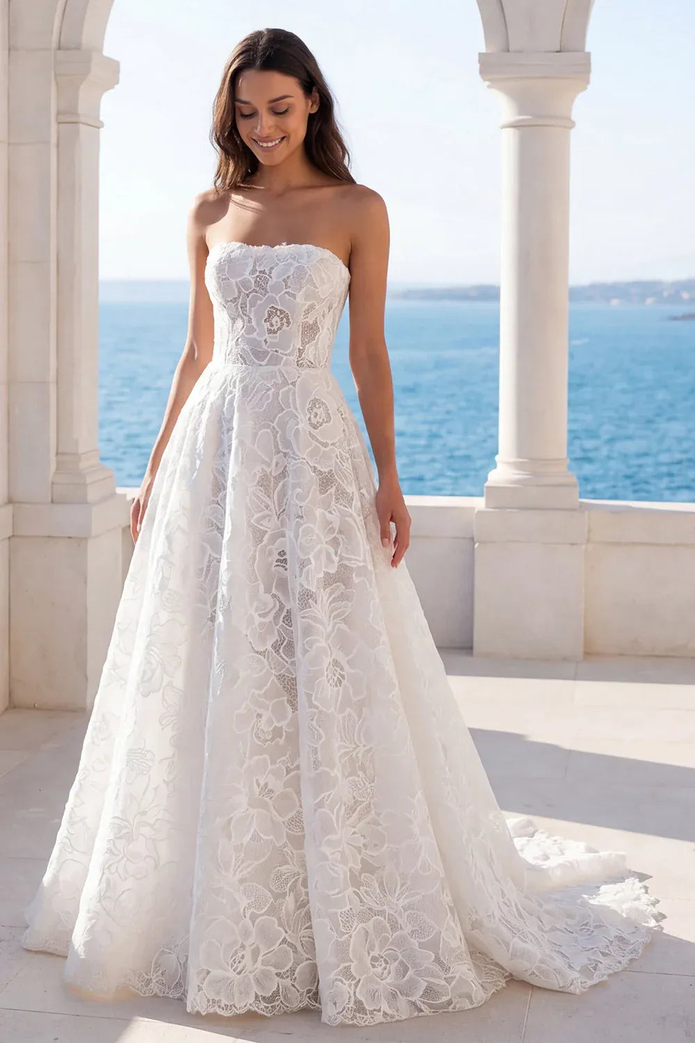 Elegant Vintage Modern Strapless Floral Lace A-Line Bodycon Floor-Length Wedding Dress