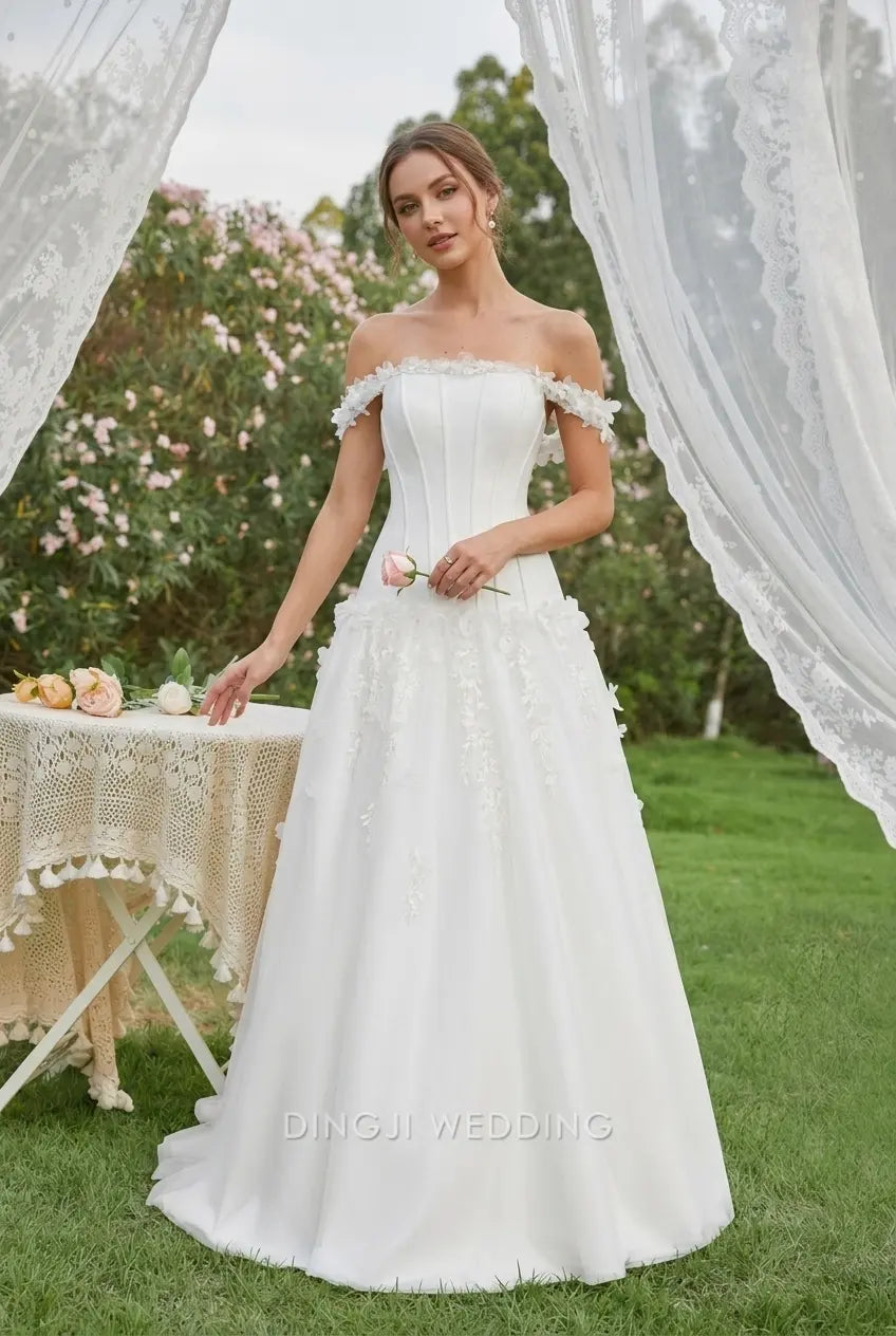 Elegant A-Line Off-Shoulder Floral Applique White Floor-Length Wedding Dresses Bridal Gown