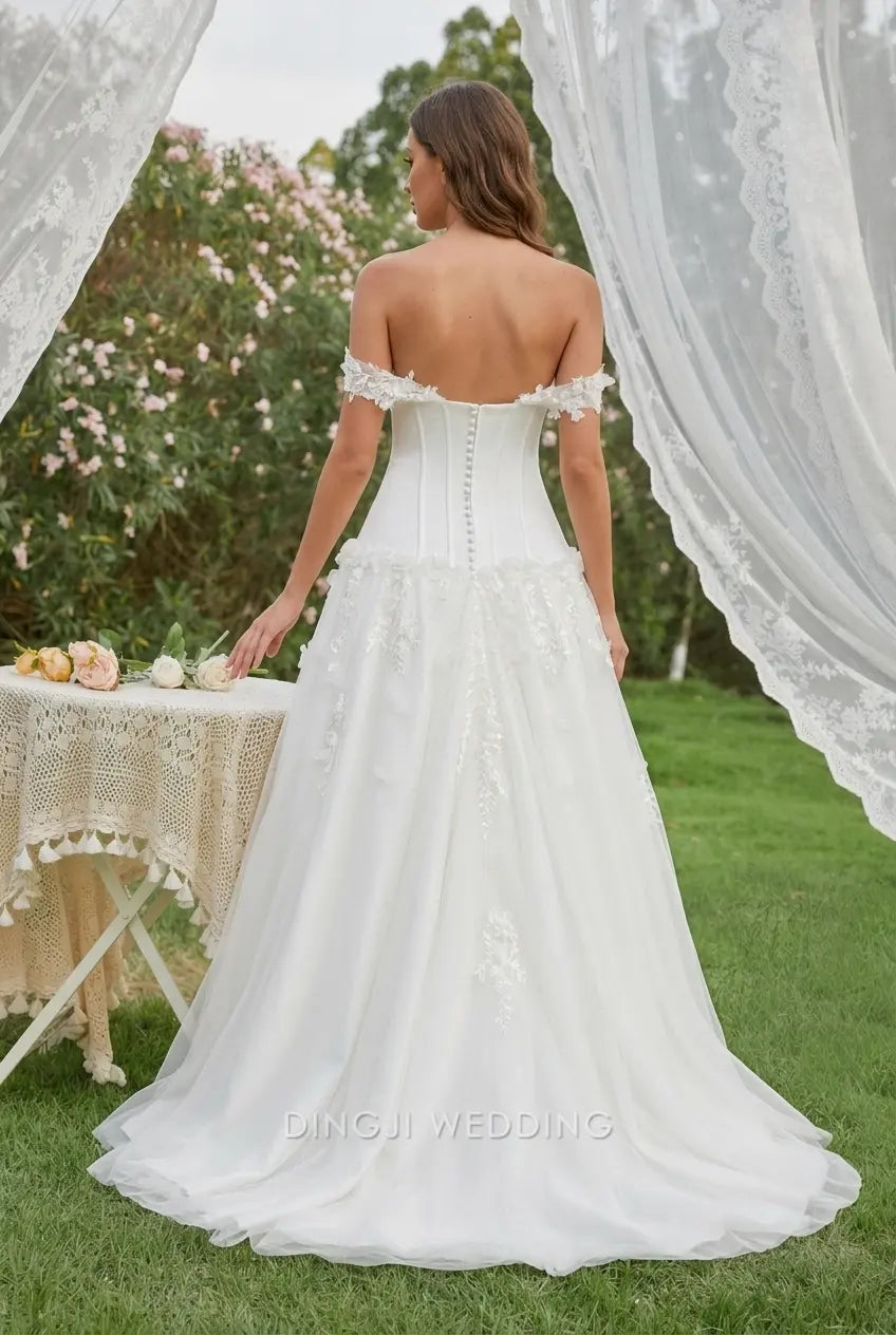 Elegant A-Line Off-Shoulder Floral Applique White Floor-Length Wedding Dresses Bridal Gown