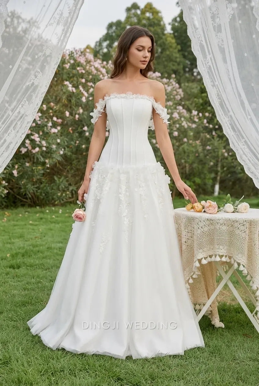 Elegant A-Line Off-Shoulder Floral Applique White Floor-Length Wedding Dresses Bridal Gown