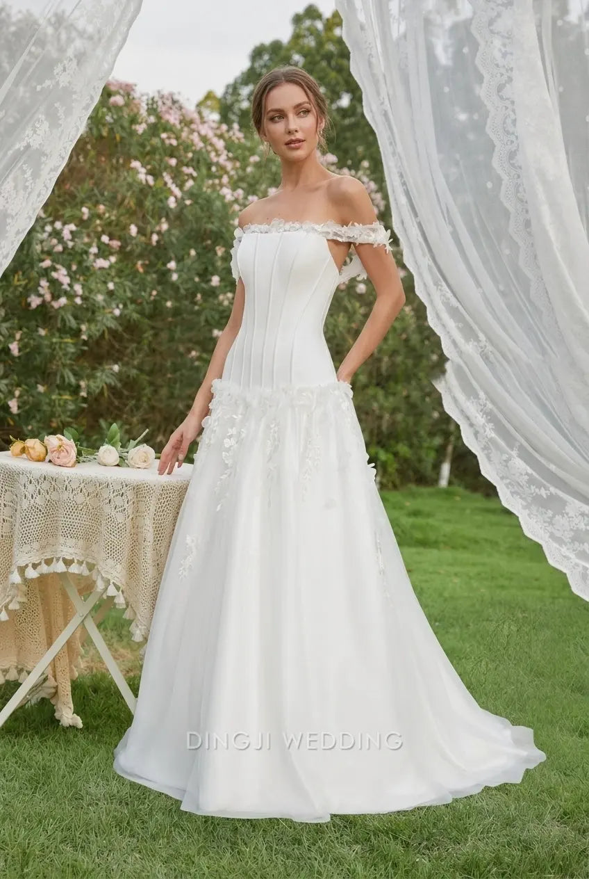 Elegant A-Line Off-Shoulder Floral Applique White Floor-Length Wedding Dresses Bridal Gown