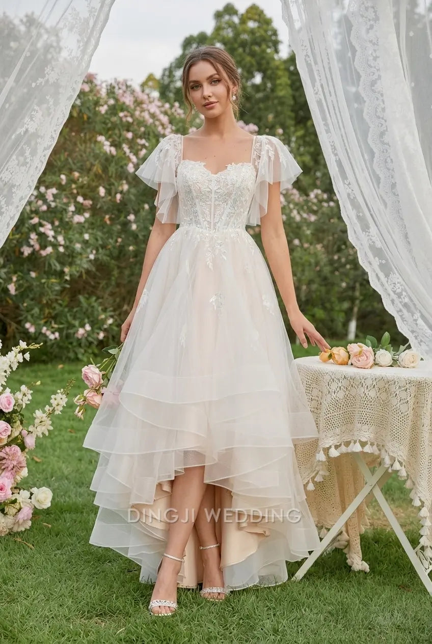 Elegant A-Line Square Neck Flutter Sleeve Lace Tiered Ivory High-Low Wedding Gown