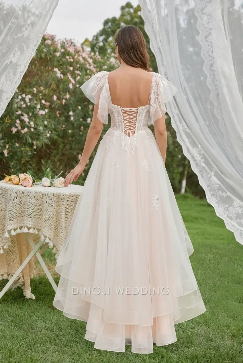 Elegant A-Line Square Neck Flutter Sleeve Lace Tiered Ivory High-Low Wedding Gown
