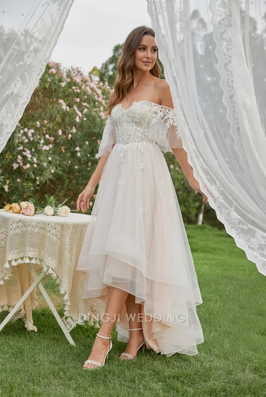 Elegant A-Line Square Neck Flutter Sleeve Lace Tiered Ivory High-Low Wedding Gown