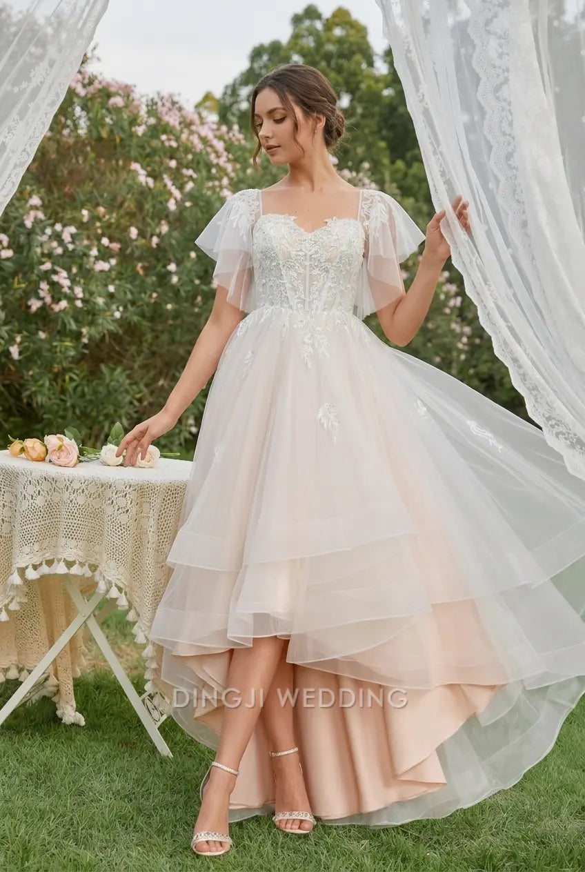 Elegant A-Line Square Neck Flutter Sleeve Lace Tiered Ivory High-Low Wedding Gown