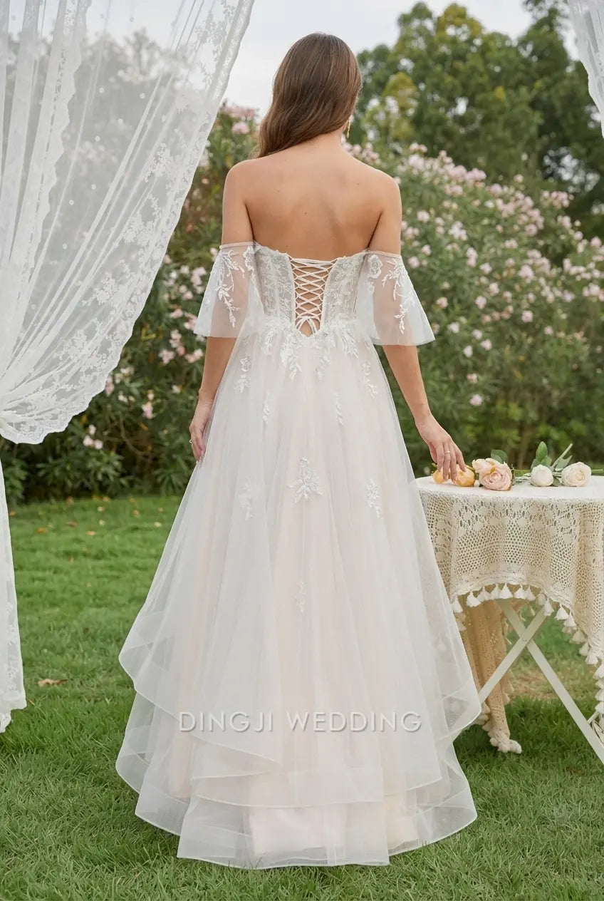 Elegant A-Line Square Neck Flutter Sleeve Lace Tiered Ivory High-Low Wedding Gown