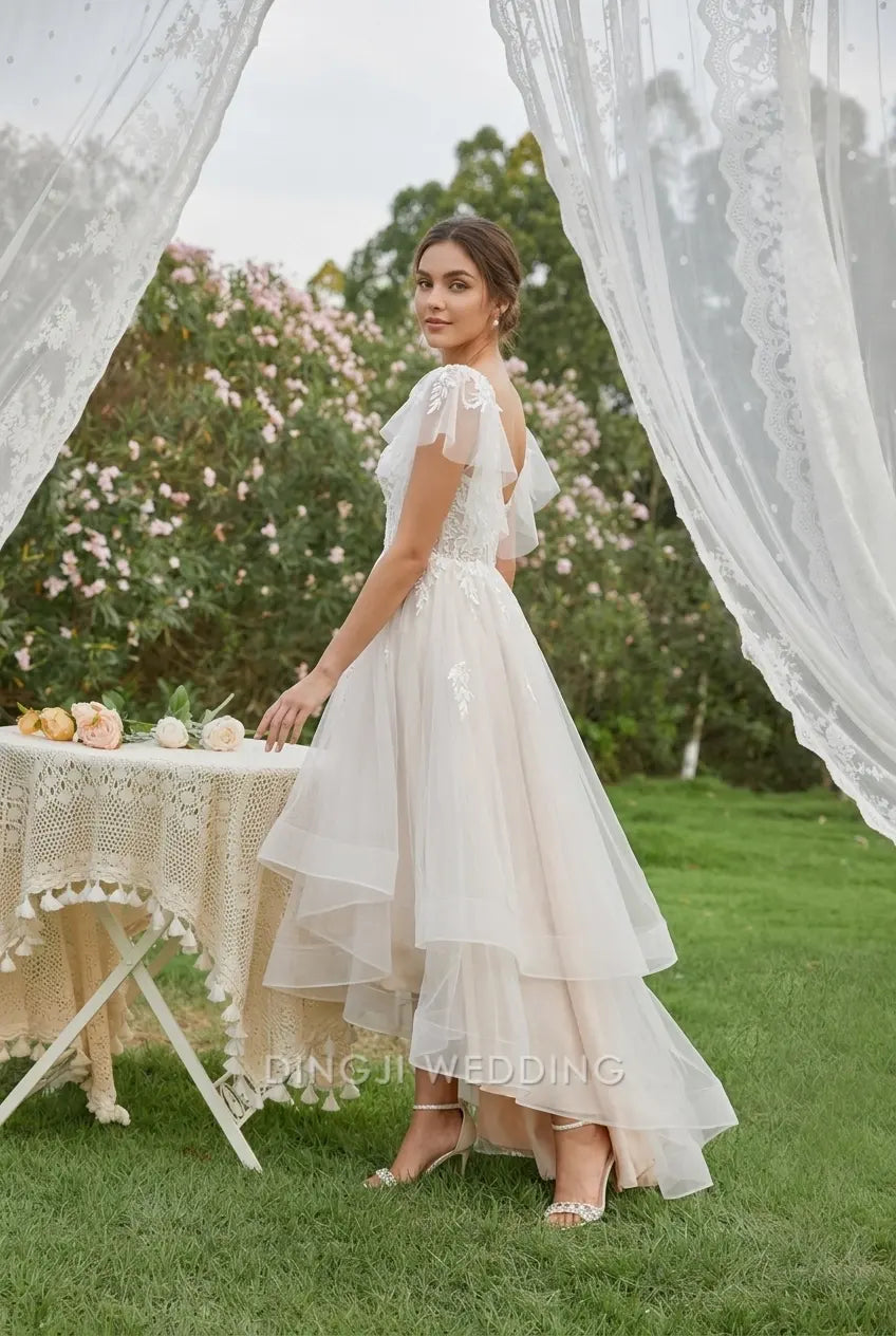 Elegant A-Line Square Neck Flutter Sleeve Lace Tiered Ivory High-Low Wedding Gown