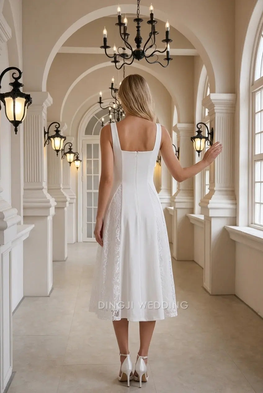 Elegant A-Line Square Neck Sleeveless Minimalist White Midi Wedding Dress Bridal Gown