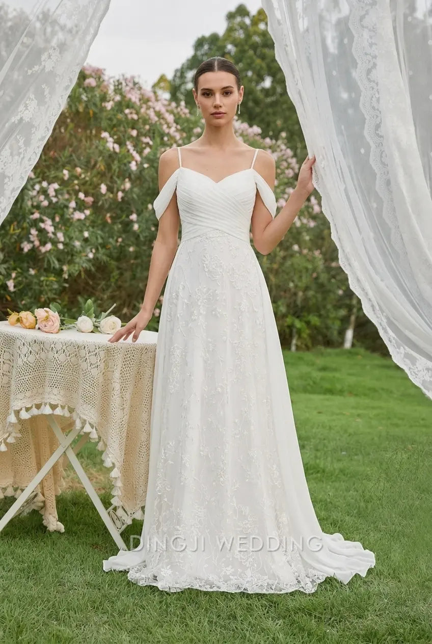 Elegant A-Line Sweetheart Off-Shoulder Floral Lace White Floor-Length Wedding Dresses Bridal Gown