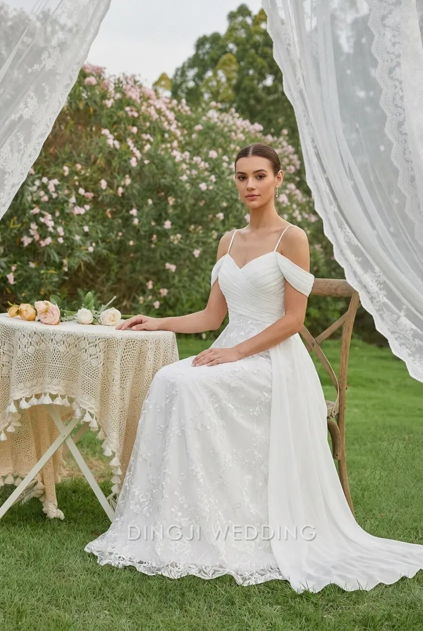 Elegant A-Line Sweetheart Off-Shoulder Floral Lace White Floor-Length Wedding Dresses Bridal Gown
