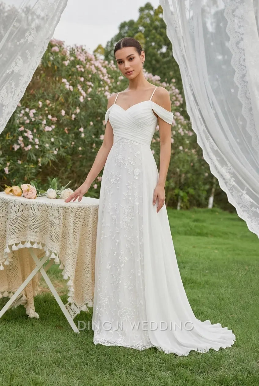 Elegant A-Line Sweetheart Off-Shoulder Floral Lace White Floor-Length Wedding Dresses Bridal Gown