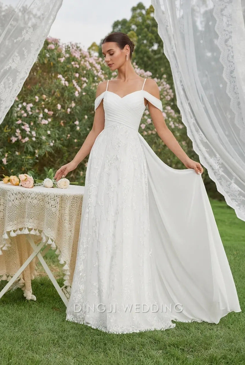 Elegant A-Line Sweetheart Off-Shoulder Floral Lace White Floor-Length Wedding Dresses Bridal Gown