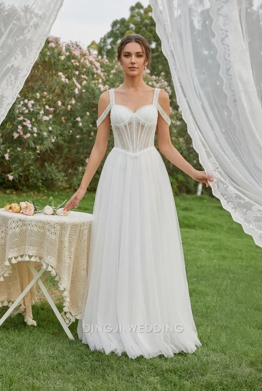 Elegant A-Line Sweetheart Off-Shoulder Romantic White Floor-Length Wedding Dresses for Brides