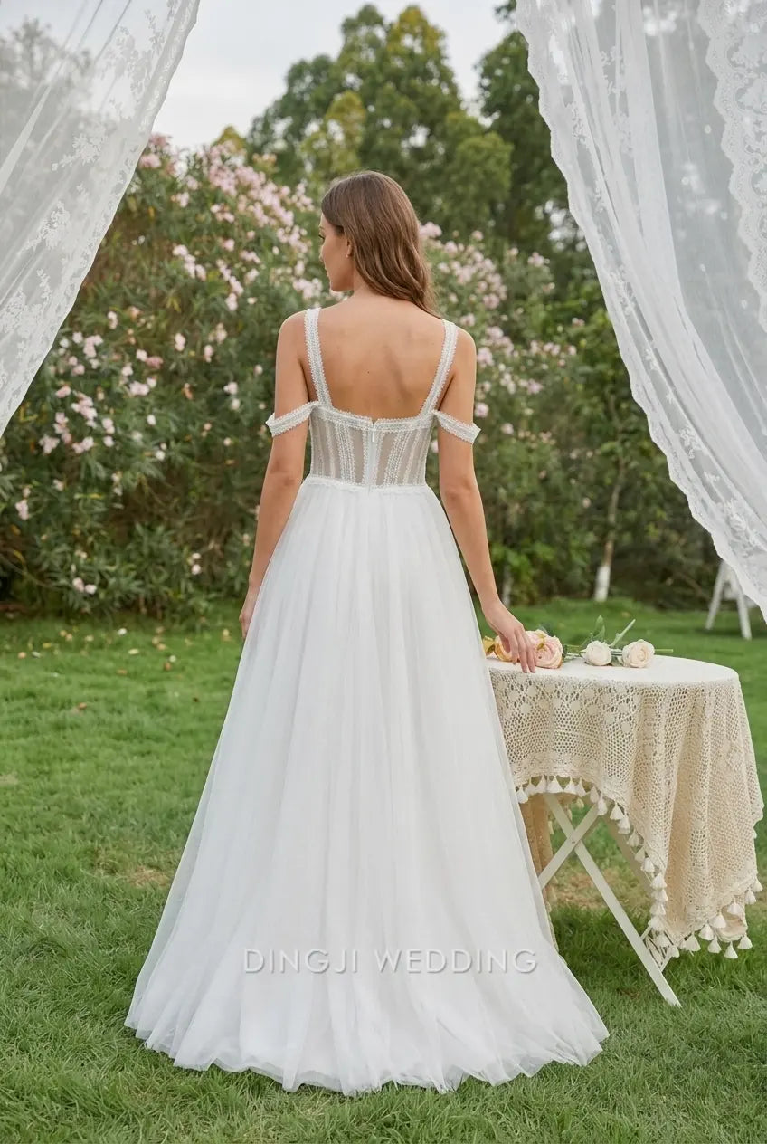 Elegant A-Line Sweetheart Off-Shoulder Romantic White Floor-Length Wedding Dresses for Brides