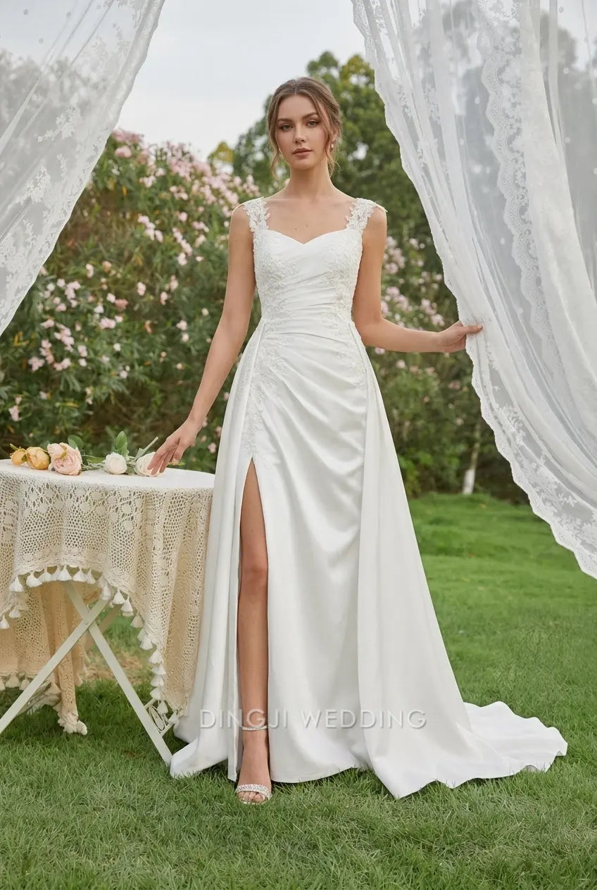 Elegant A-Line Sweetheart Sleeveless Lace Applique High Slit White Floor-Length Wedding Gown