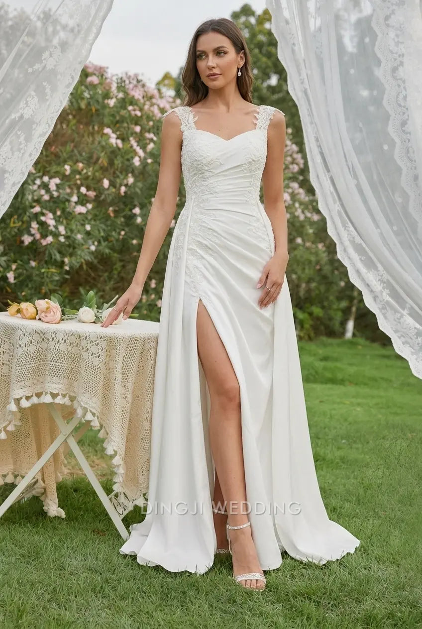 Elegant A-Line Sweetheart Sleeveless Lace Applique High Slit White Floor-Length Wedding Gown