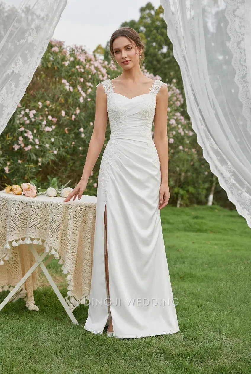 Elegant A-Line Sweetheart Sleeveless Lace Applique High Slit White Floor-Length Wedding Gown