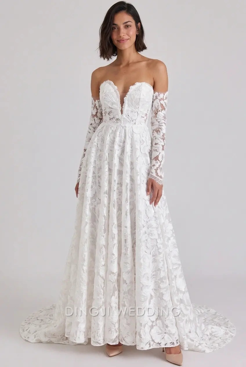 Elegant A-Line Sweetheart With Sleeves Floral Lace White Floor Wedding Dress Bride Gown