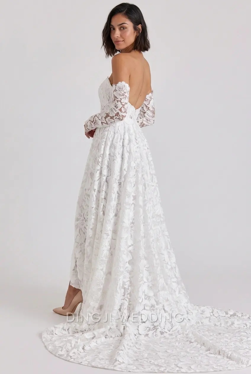 Elegant A-Line Sweetheart With Sleeves Floral Lace White Floor Wedding Dress Bride Gown