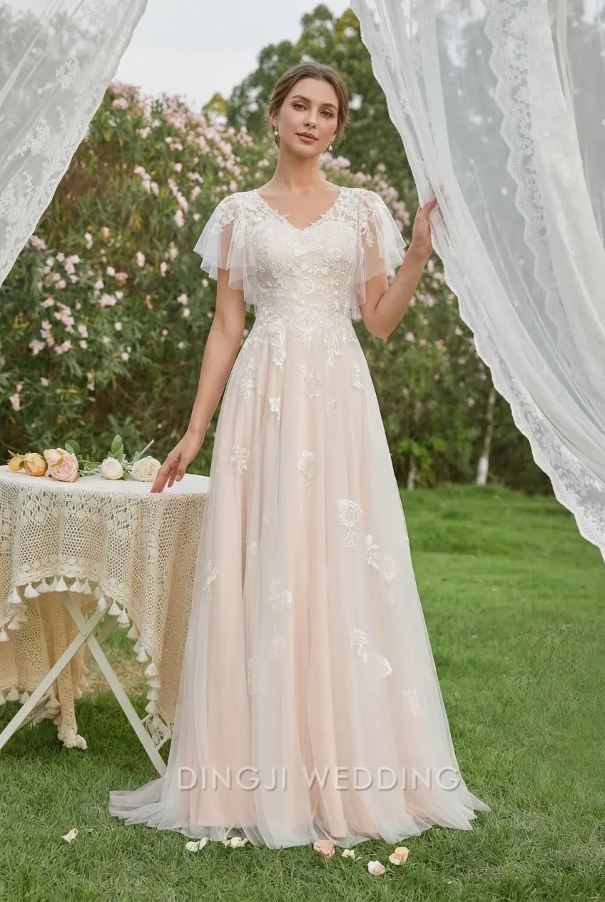 Elegant A-Line V-Neck Flutter Sleeve Floral Lace Light Nude Floor-Length Wedding Gown