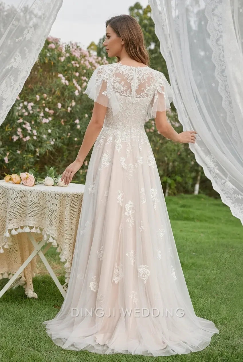 Elegant A-Line V-Neck Flutter Sleeve Floral Lace Light Nude Floor-Length Wedding Gown