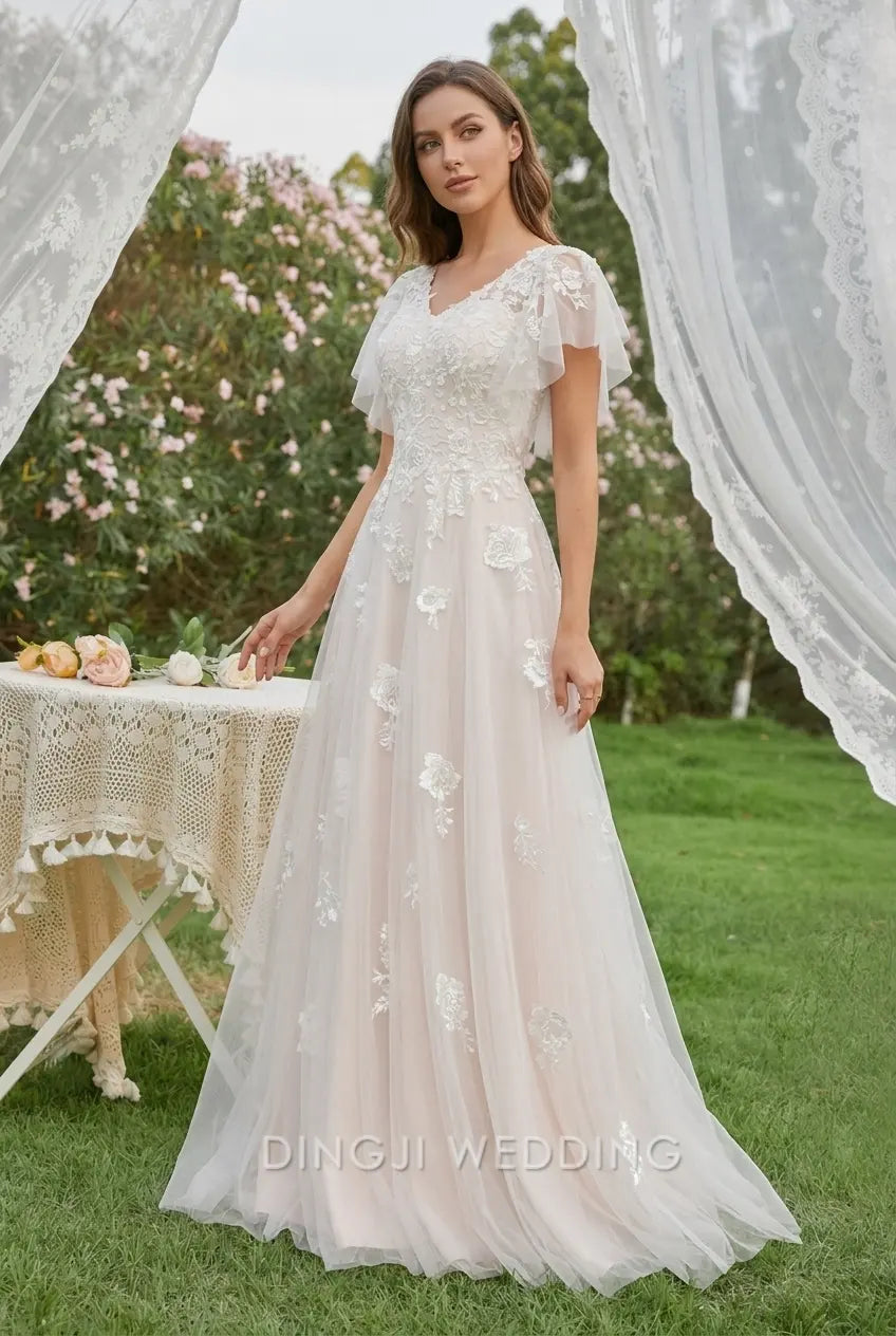 Elegant A-Line V-Neck Flutter Sleeve Floral Lace Light Nude Floor-Length Wedding Gown