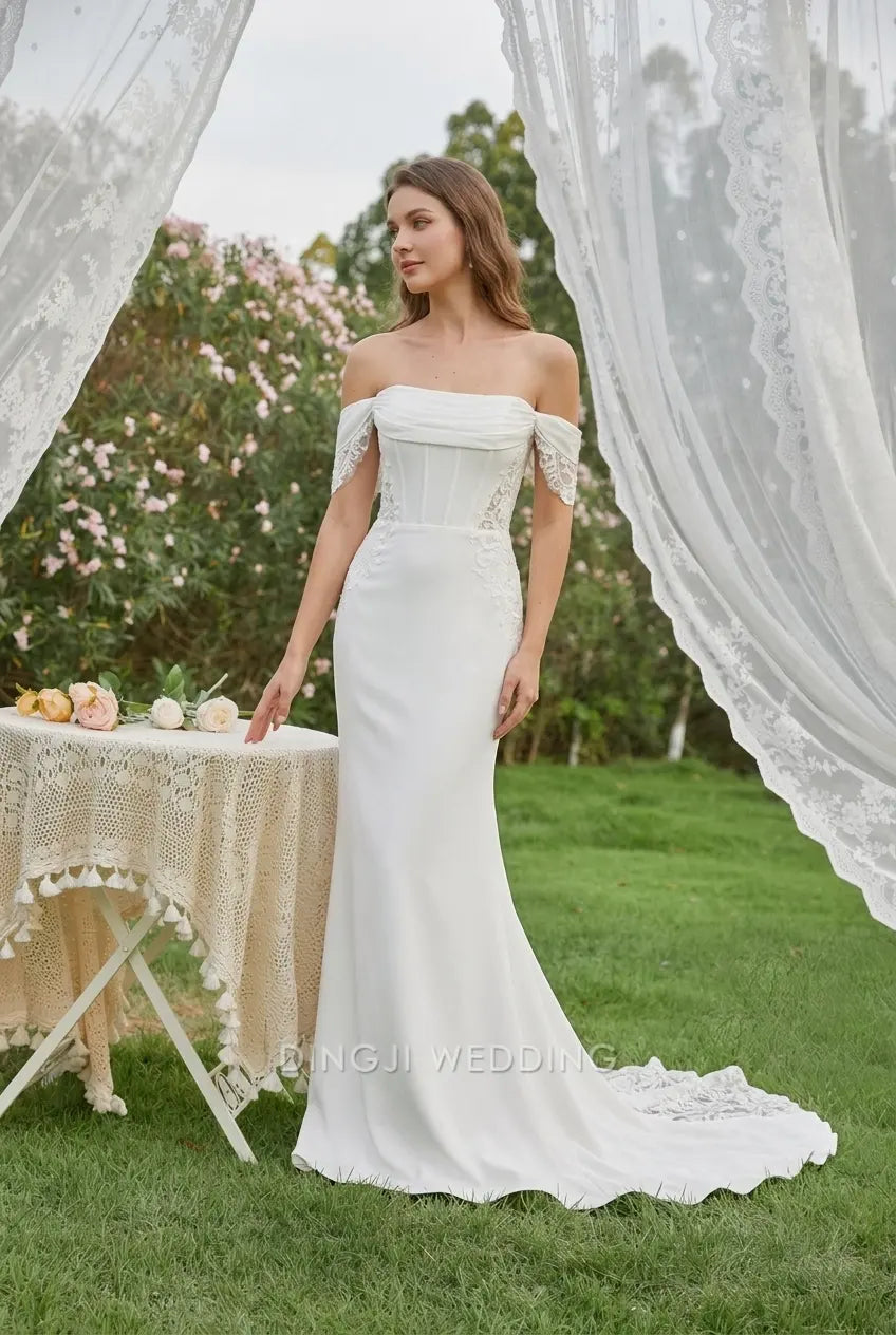 Elegant Mermaid Off-Shoulder Lace Applique White Floor-Length Wedding Gown
