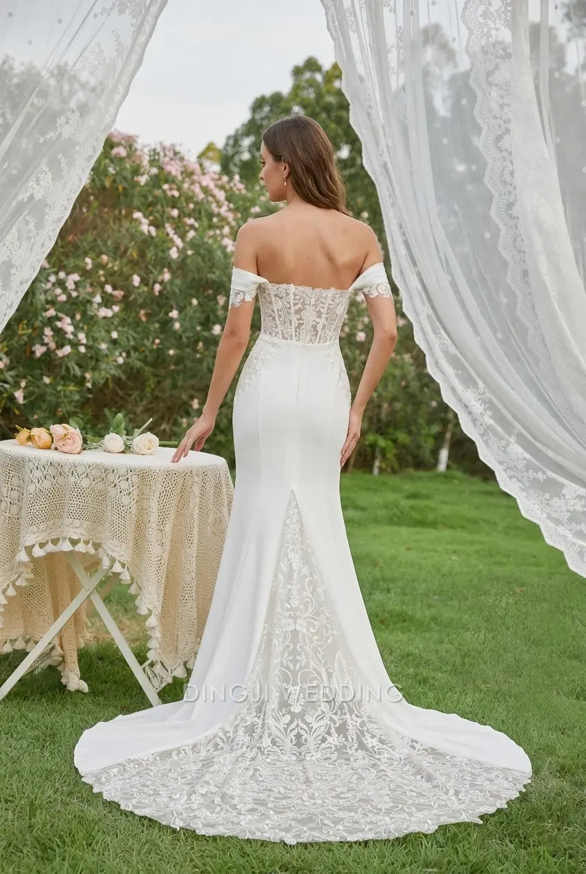 Elegant Mermaid Off-Shoulder Lace Applique White Floor-Length Wedding Gown