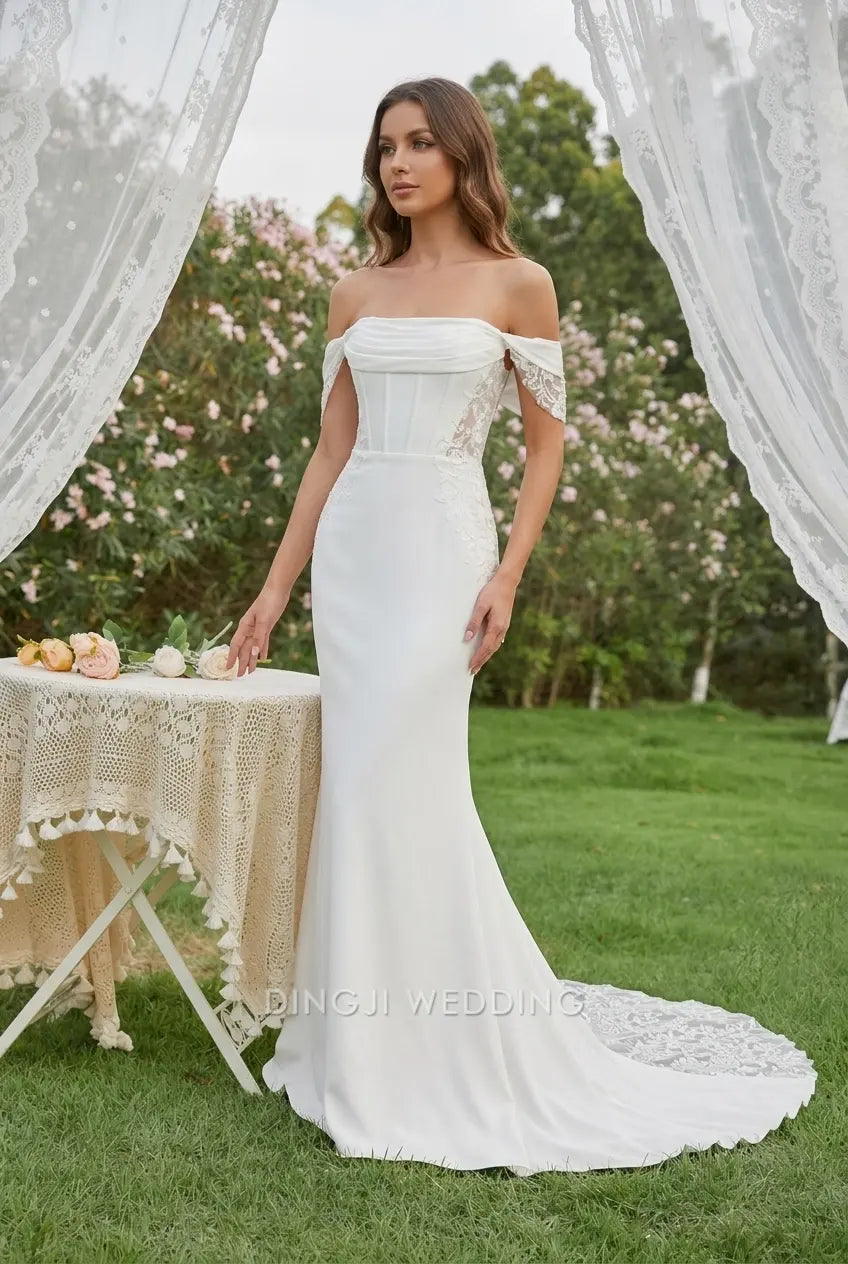 Elegant Mermaid Off-Shoulder Lace Applique White Floor-Length Wedding Gown